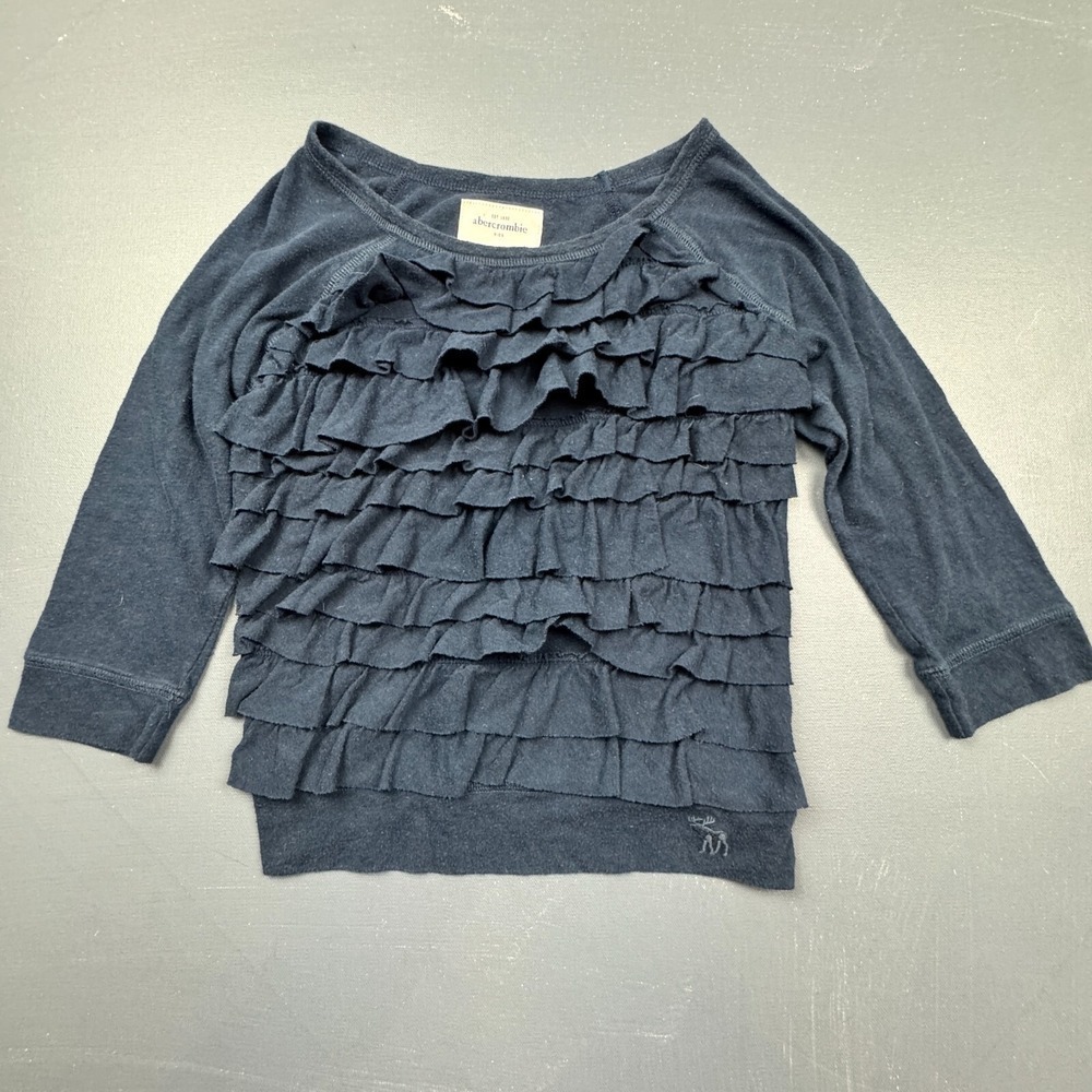 Abercrombie Kids Girls Medium 10/12 Navy Blue Ruffle Long Sleeve Blouse Boho Top